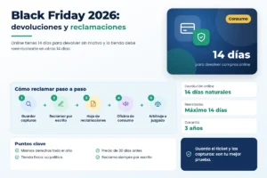 Infografía sobre Black Friday 2026 en España: plazo de devolución online, garantía, descuentos reales y cómo reclamar