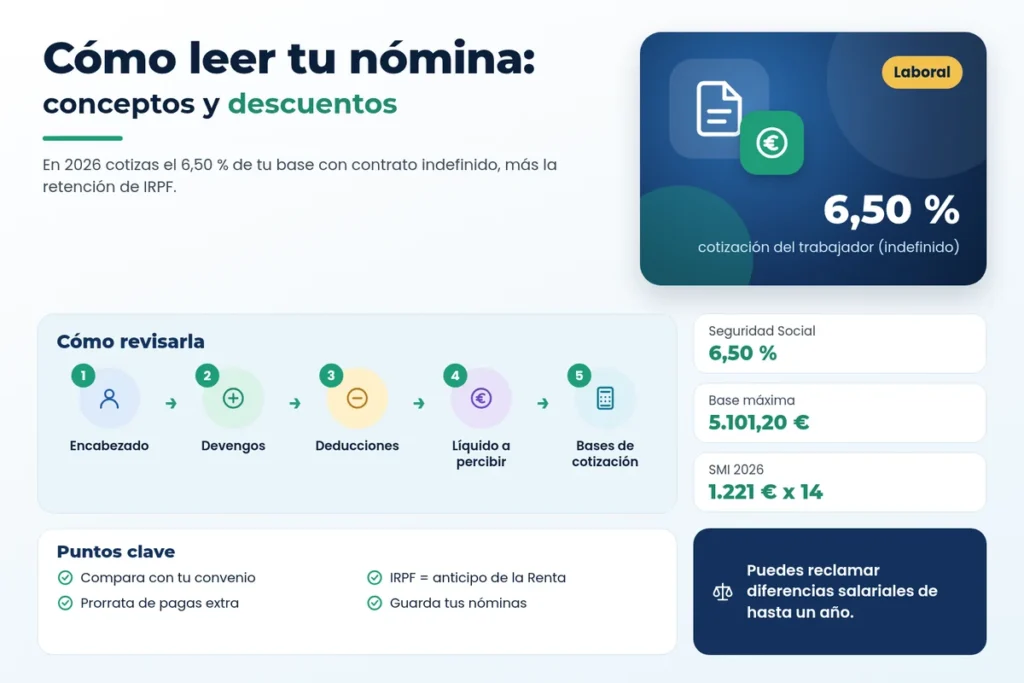 Infografía sobre cómo leer una nómina en España en 2026: devengos, deducciones, cotizaciones e IRPF