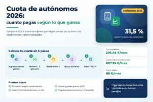 Infografía de la cuota de autónomos 2026 con la tabla de tramos por rendimientos netos, tarifa plana y pasos para calcularla