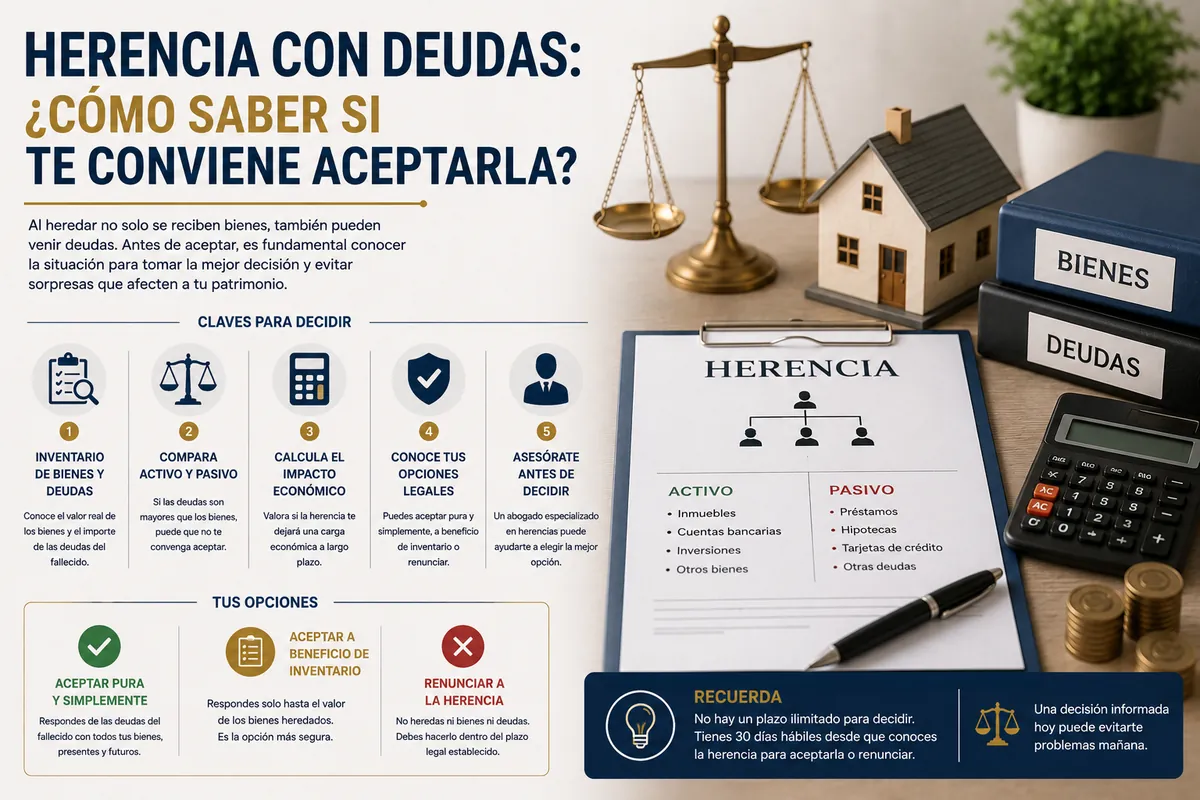Herencia con deudas 2026: aceptar, beneficio de inventario o renunciar