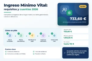 Infografía sobre el Ingreso Mínimo Vital 2026: cuantías, complemento por hijos, requisitos y cómo solicitarlo