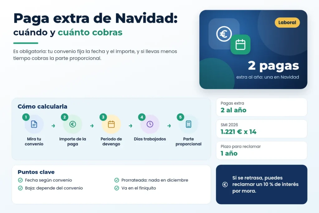 Infografía sobre la paga extra de Navidad 2026: cuándo se cobra, cómo se calcula y casos especiales