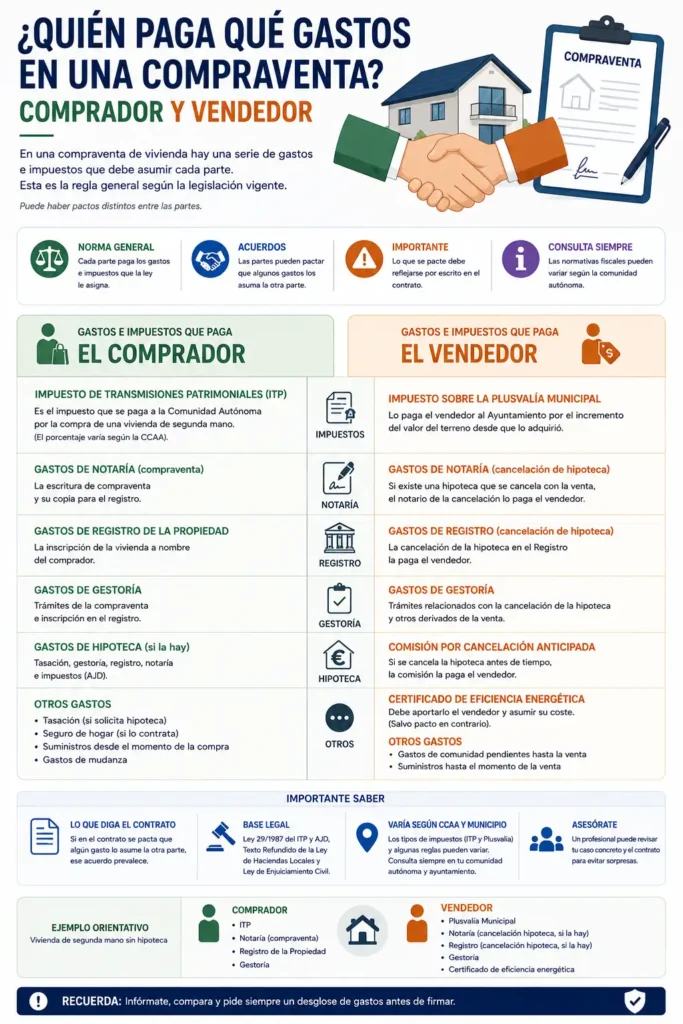Gastos de compraventa de vivienda: qué paga el comprador y qué el vendedor