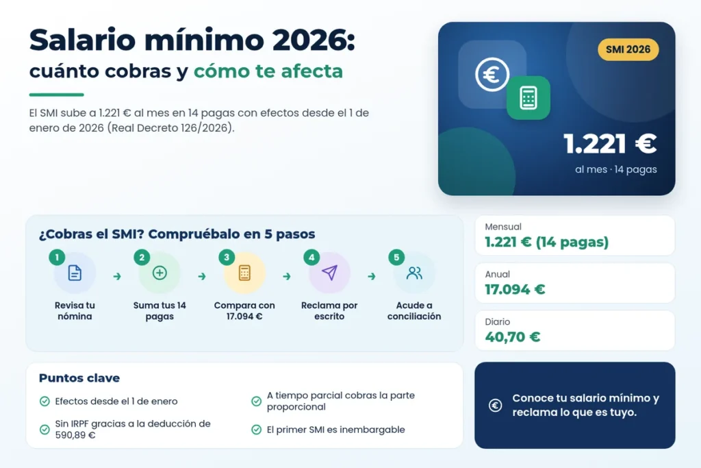 Infografía del salario mínimo 2026 en España: 1.221 euros al mes en 14 pagas, 17.094 euros al año y pasos para reclamar