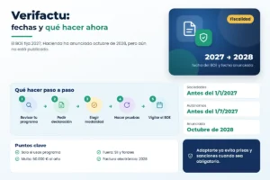 Infografía sobre Verifactu en España: fechas de 2027, aplazamiento anunciado a 2028, modalidades y factura electrónica